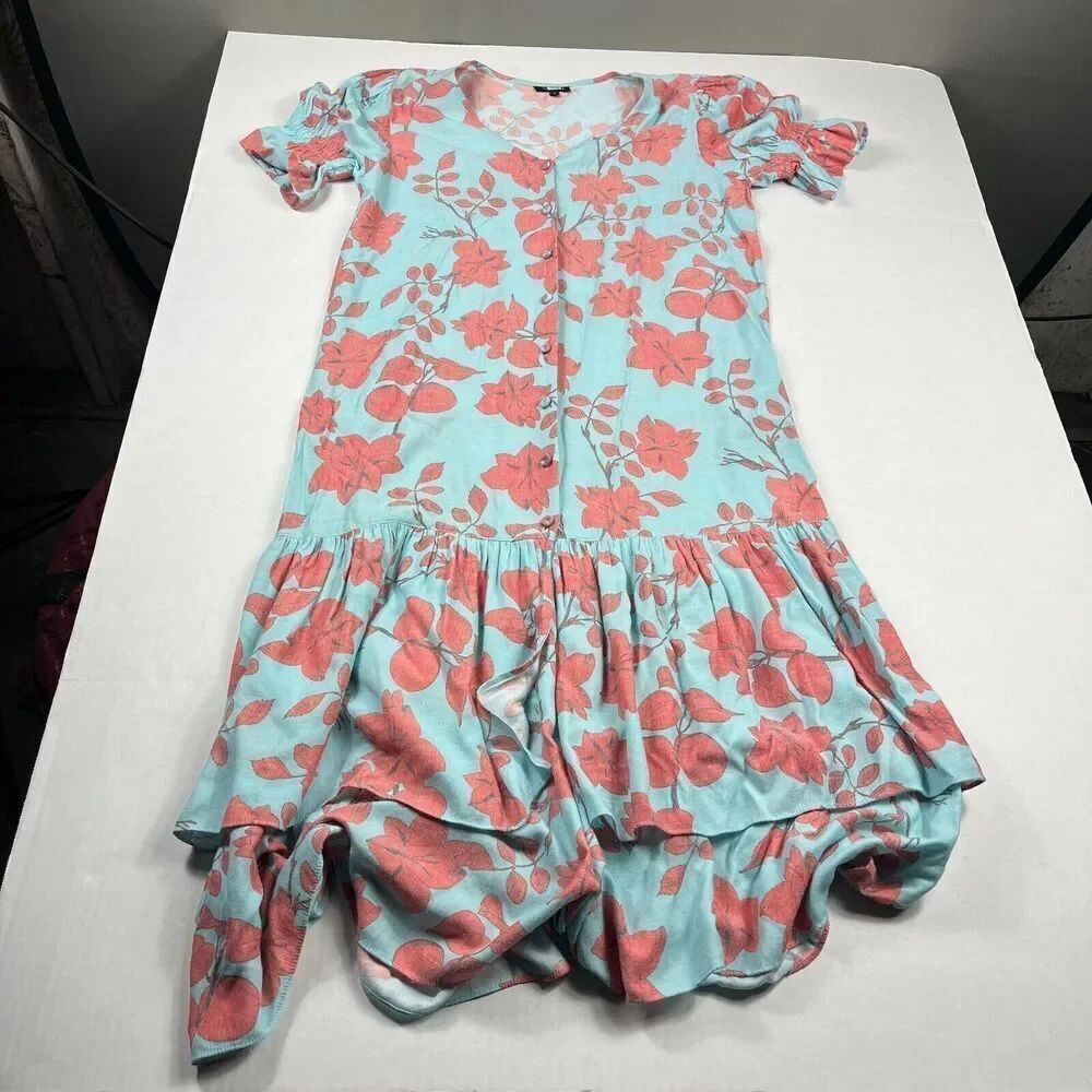 Lobo Rosa Tiered Midi Dress Floral Short Sleeve Button Front Relaxed Fit SMALL
